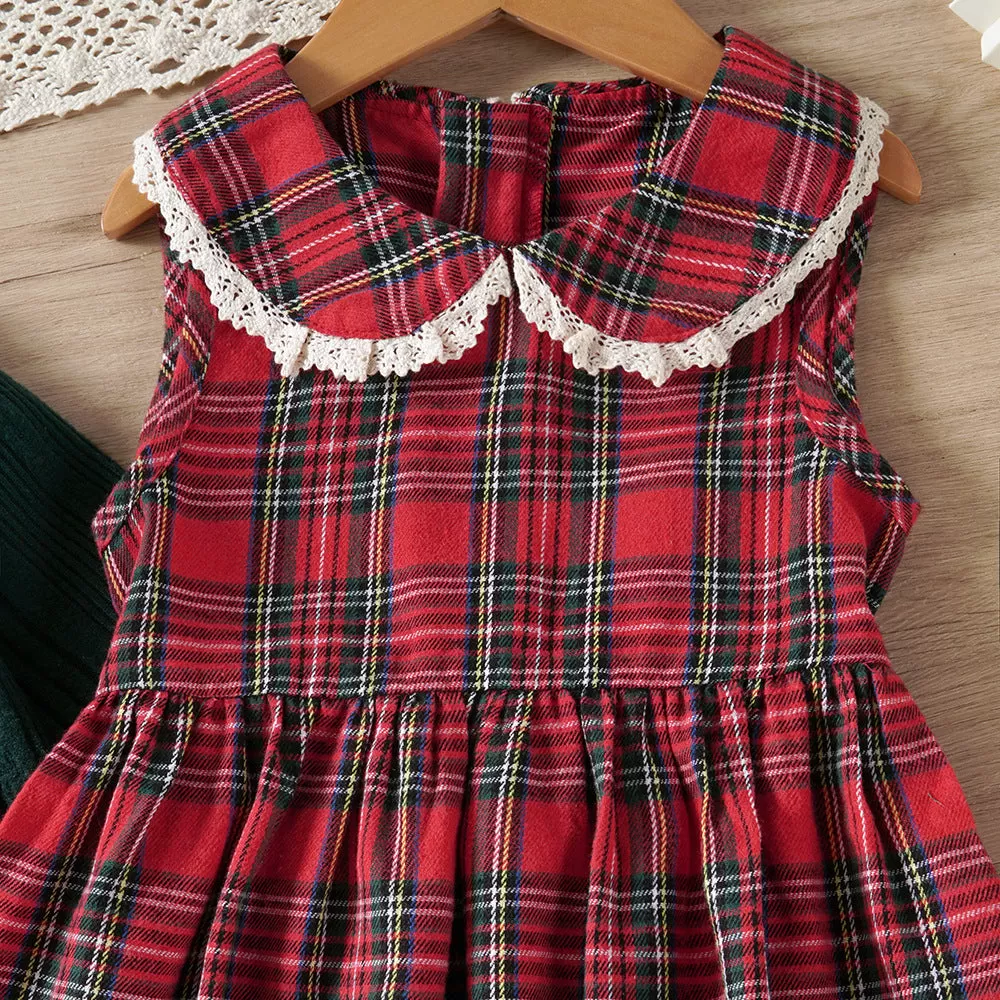 Toddler Kids Girls Solid Color Knit Jacket Plaid Undershirt Skirt Set