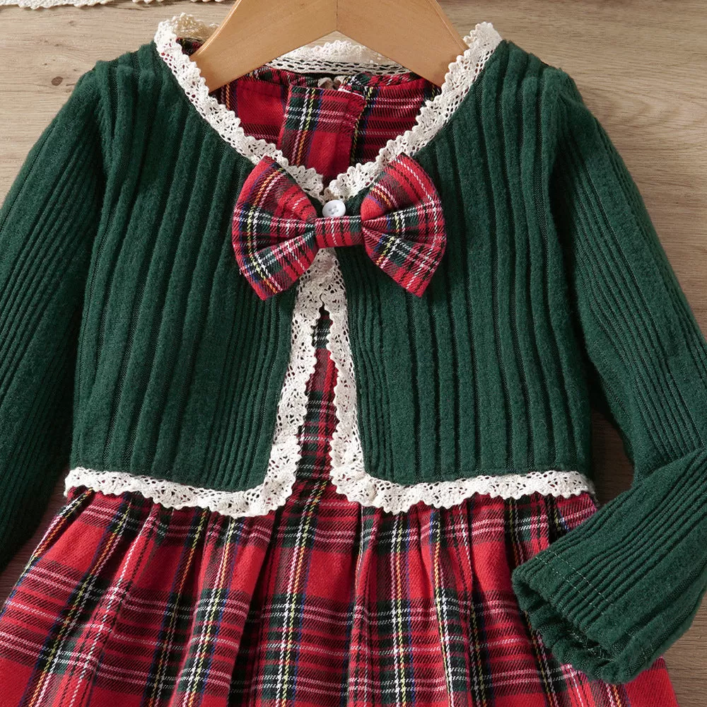 Toddler Kids Girls Solid Color Knit Jacket Plaid Undershirt Skirt Set