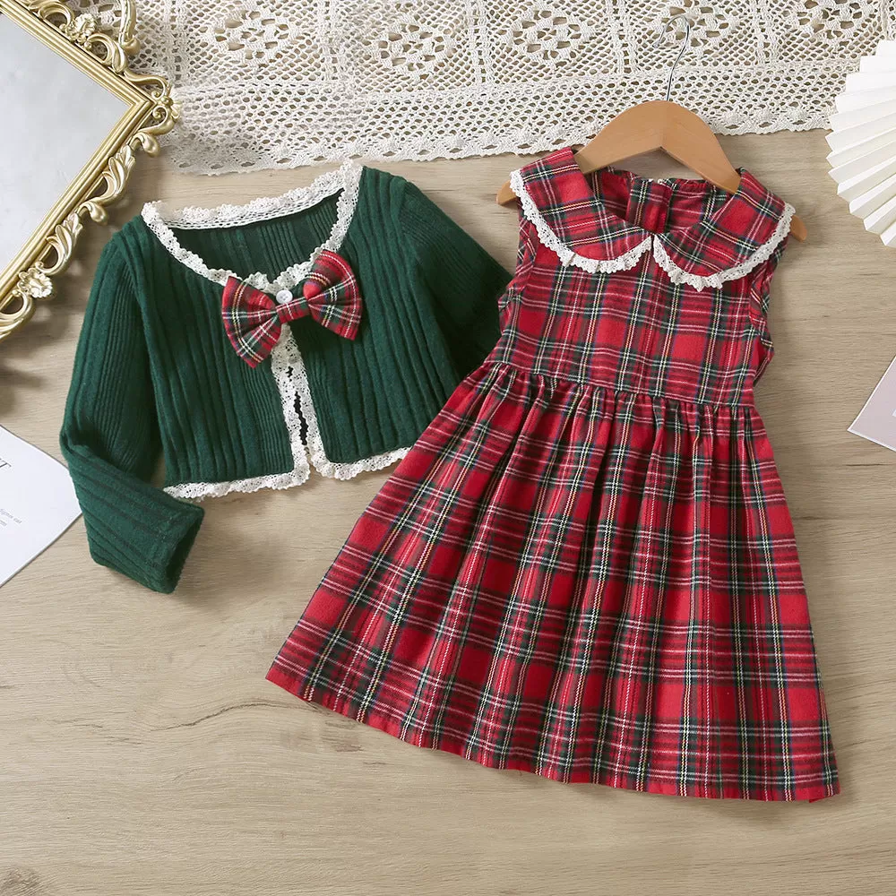 Toddler Kids Girls Solid Color Knit Jacket Plaid Undershirt Skirt Set