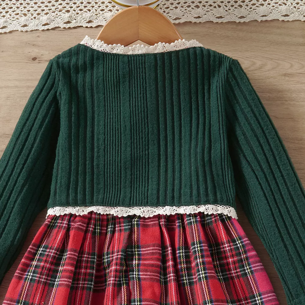 Toddler Kids Girls Solid Color Knit Jacket Plaid Undershirt Skirt Set