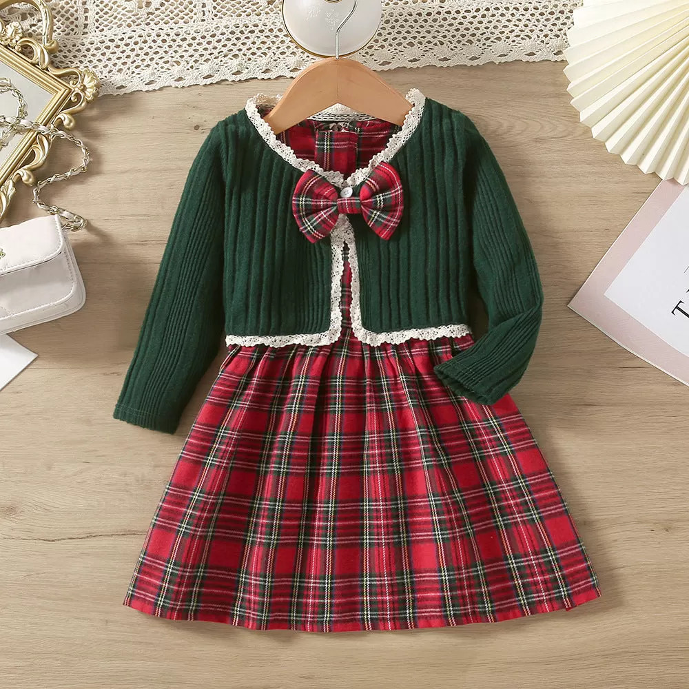 Toddler Kids Girls Solid Color Knit Jacket Plaid Undershirt Skirt Set