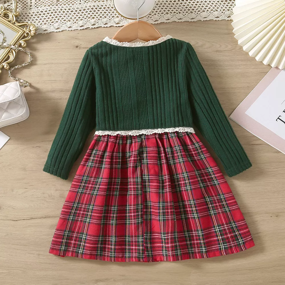 Toddler Kids Girls Solid Color Knit Jacket Plaid Undershirt Skirt Set