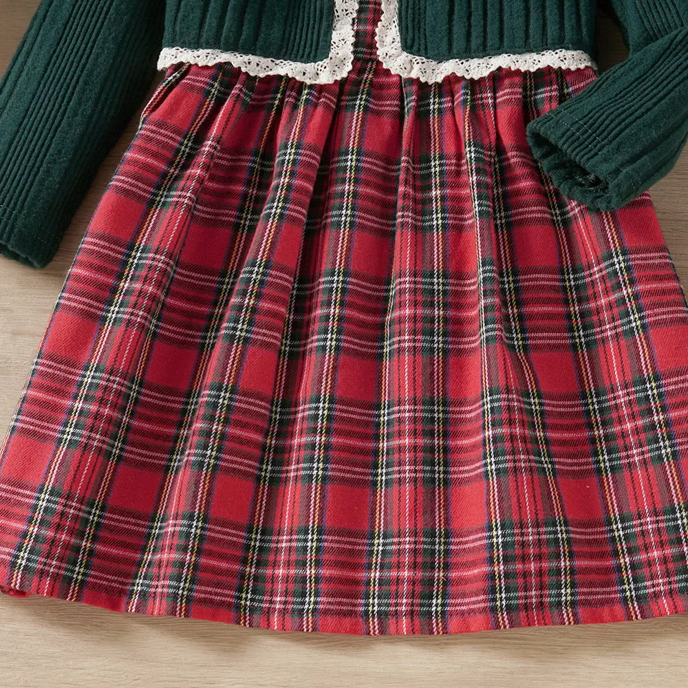 Toddler Kids Girls Solid Color Knit Jacket Plaid Undershirt Skirt Set