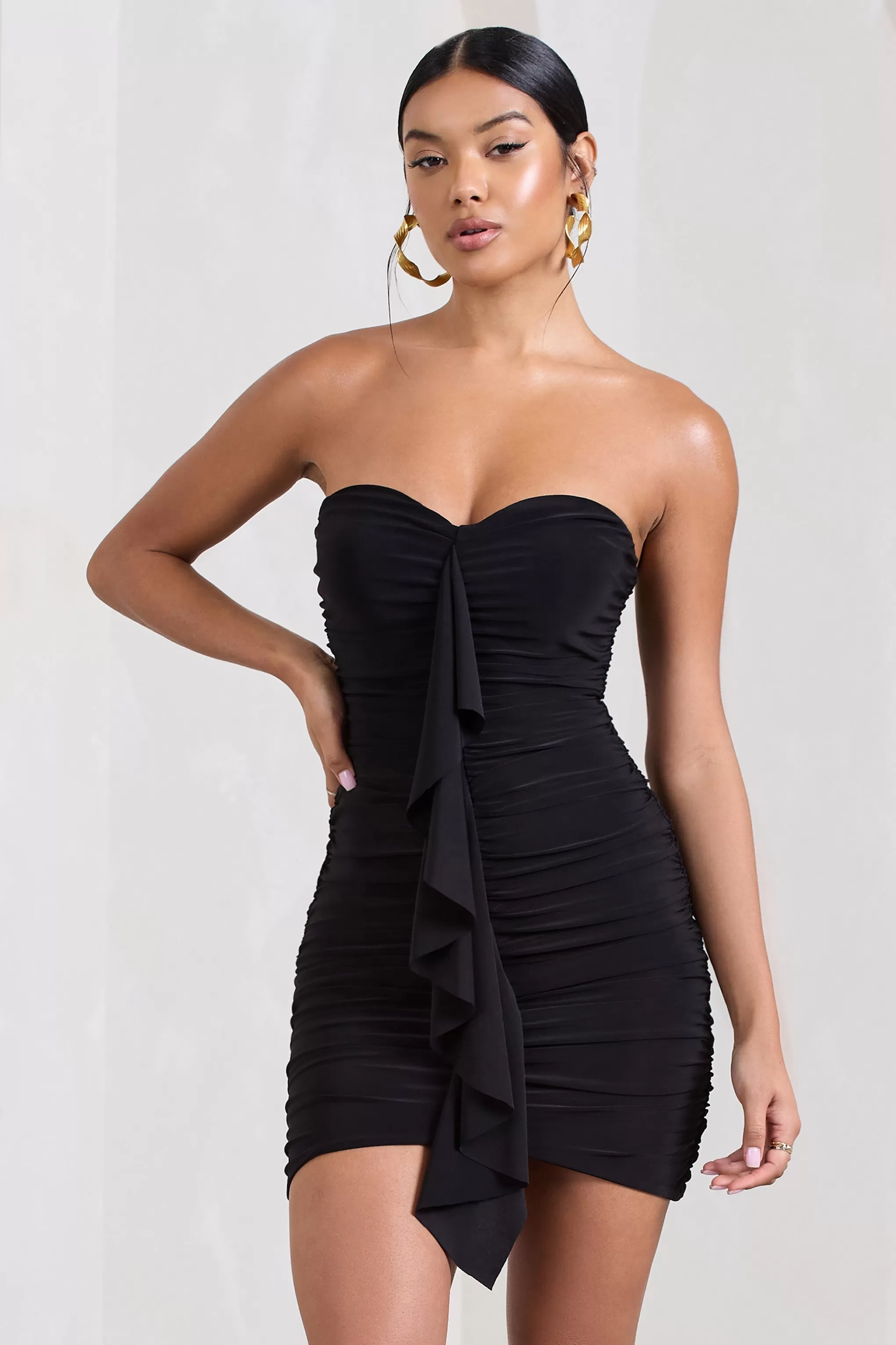 Treasure | Black Strapless Sweetheart Mini Dress With Ruffle