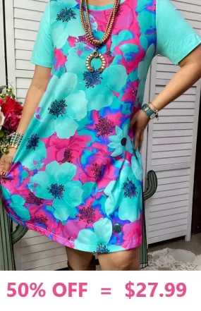 Turquoise & Pink Floral Dress with pockets