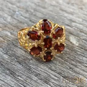 Vintage Sterling Silver Gold Plated Garnet Flower Ring