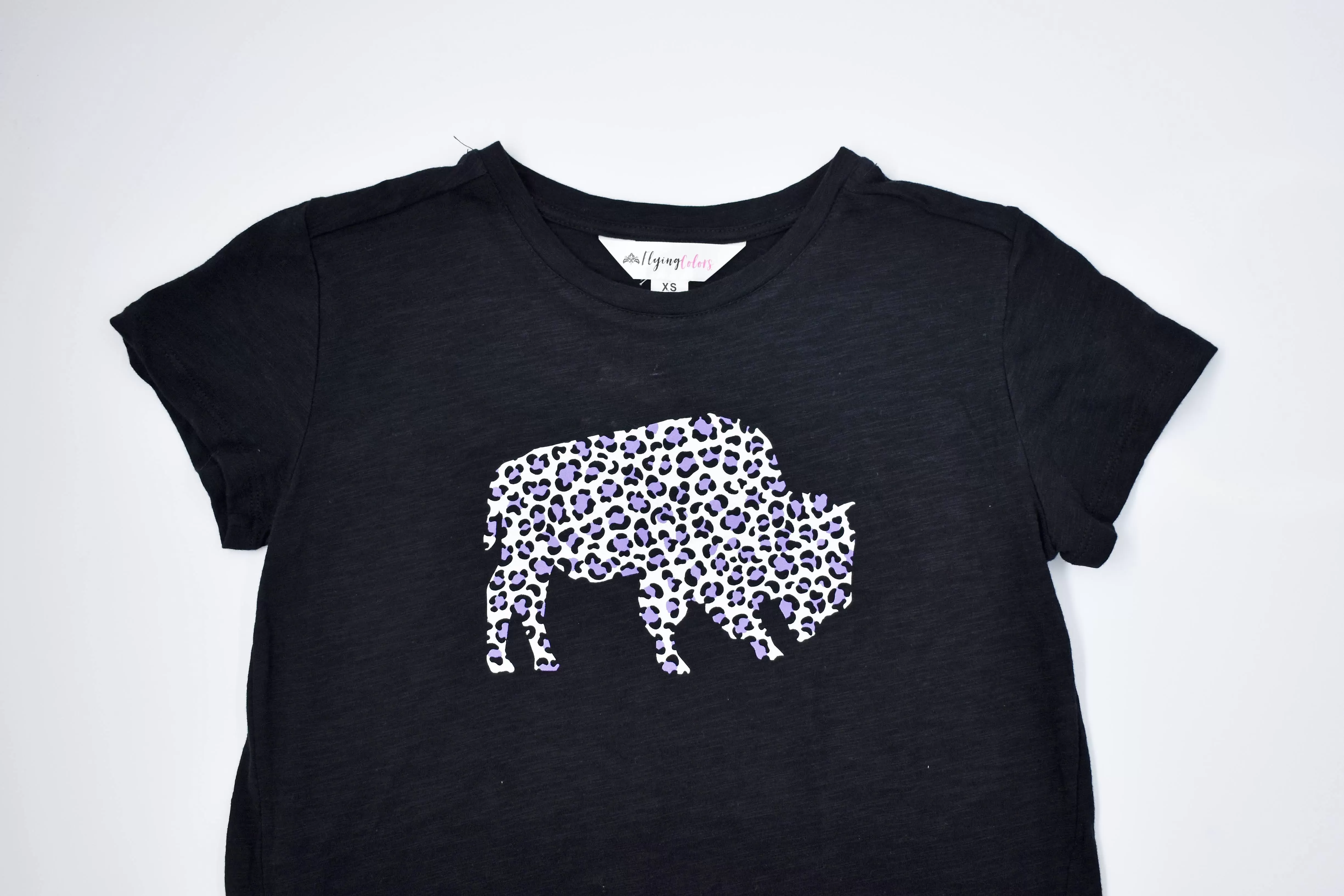 Women's BFLO With Purple Cheetah Print Buffalo Black Short Sleeve Shirt