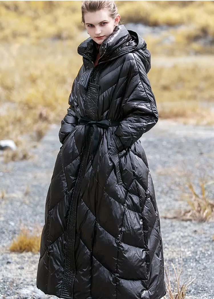 Yvette Hooded Fit & Flare Down Puffer Long Coat