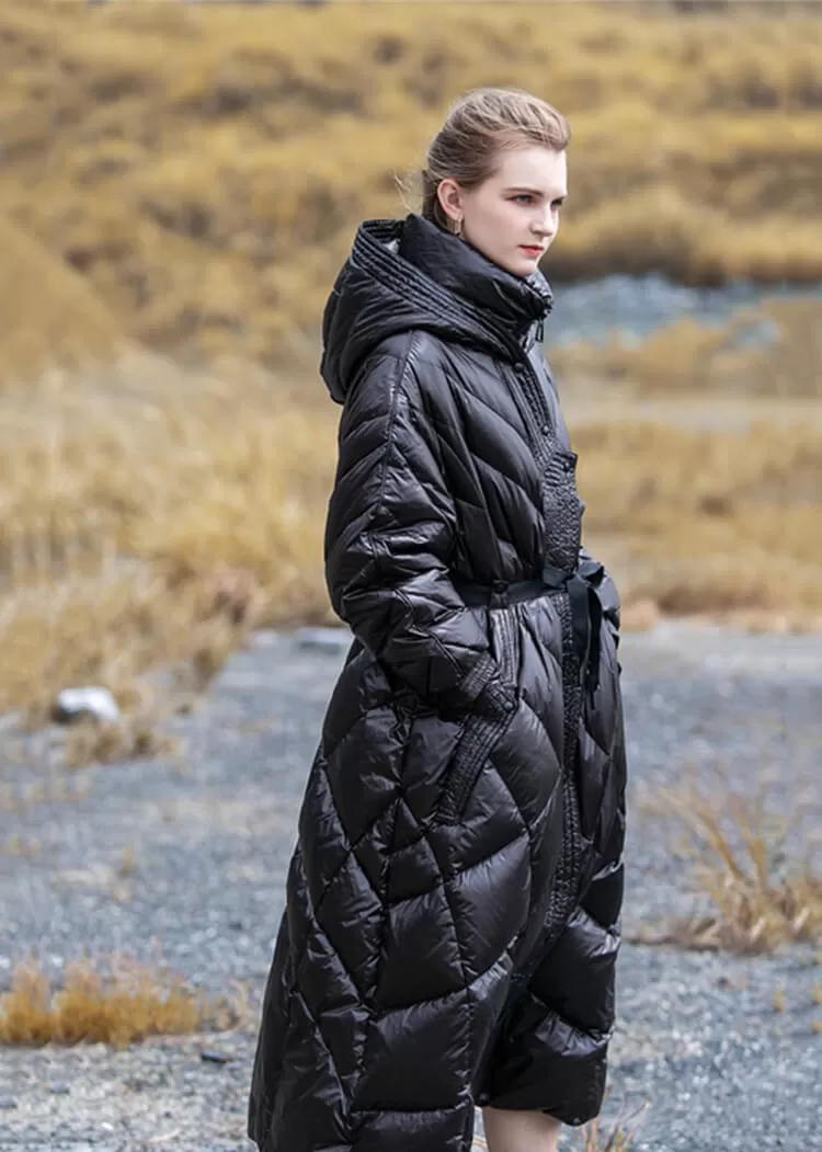 Yvette Hooded Fit & Flare Down Puffer Long Coat